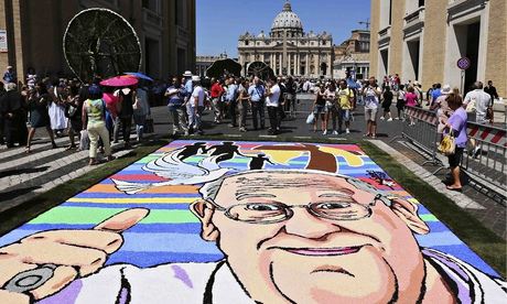 A floral portrait of Pope Francis at St Peter's Basilica at the Vatican.